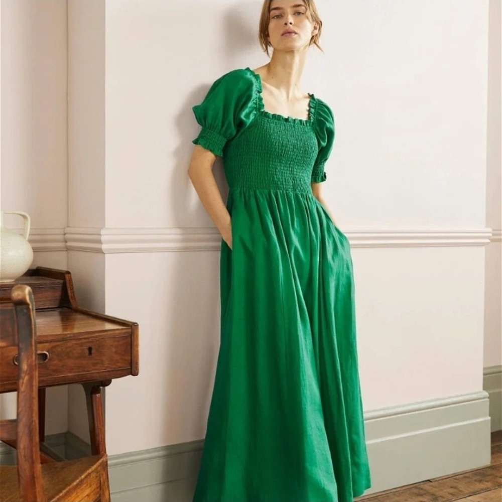Boden Smocked Bodice Midi Dress 8L Linen Highland Green Puff Sleeve Coastal Boho